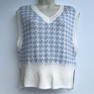 Blue and White Houndstooth Light Academia Knit Sweater Vest